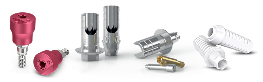 ZimVie Restorative Solutions Product Family A product photo showcasing a variety of ZimVie Restorative Solutions. The image features a collection of dental implant components, including screws and abutments in silver, white, and a distinct pink color, all used for connecting and restoring dental implants.